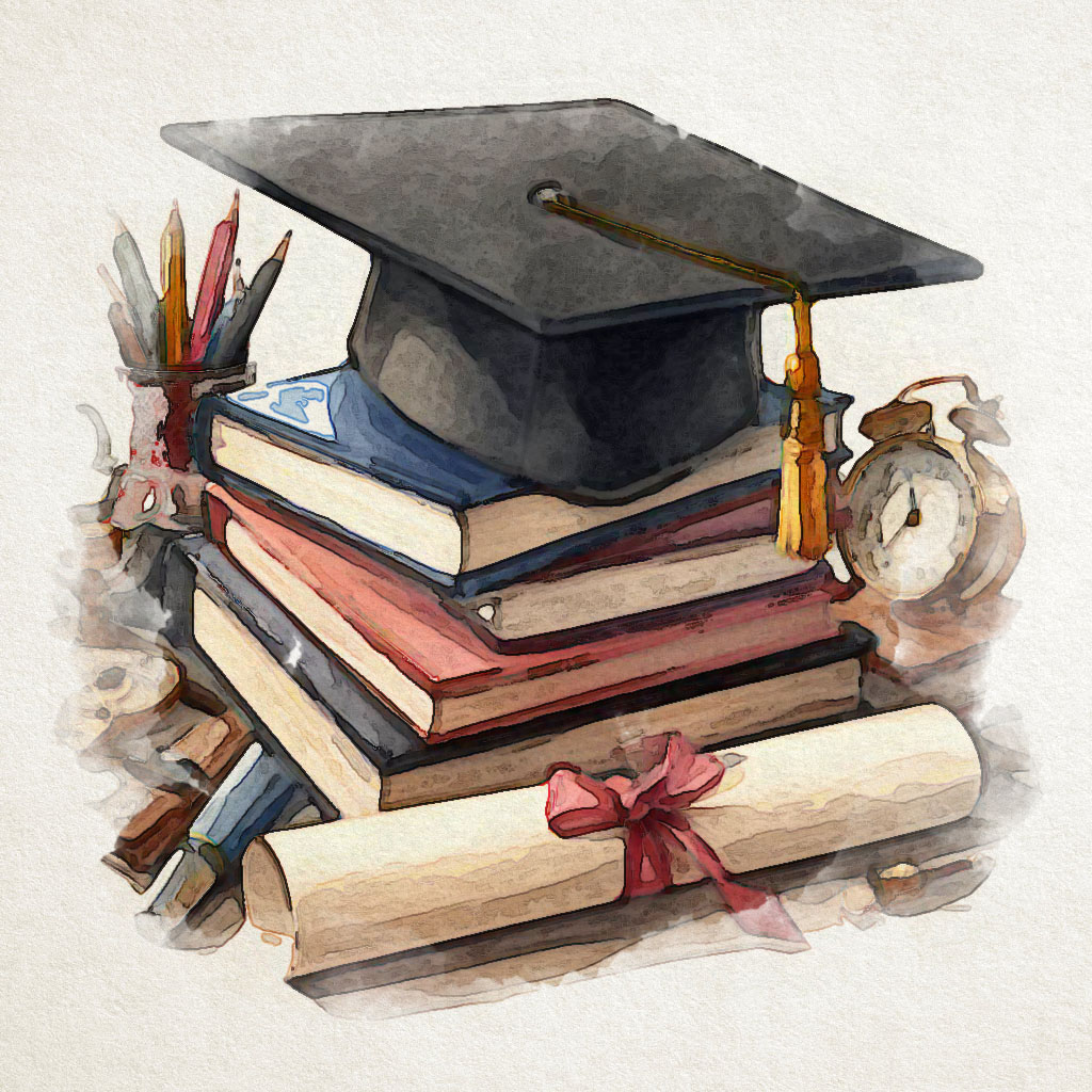 Image of a stack of books and pens with a clock a diploma and graduation cap