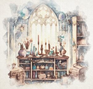 Photo of medieval window, library, and candles