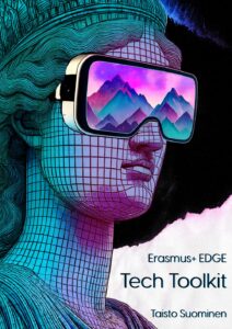 An image of a person with blue and purple tint wearing VR goggles with colorful mountains on the lenses